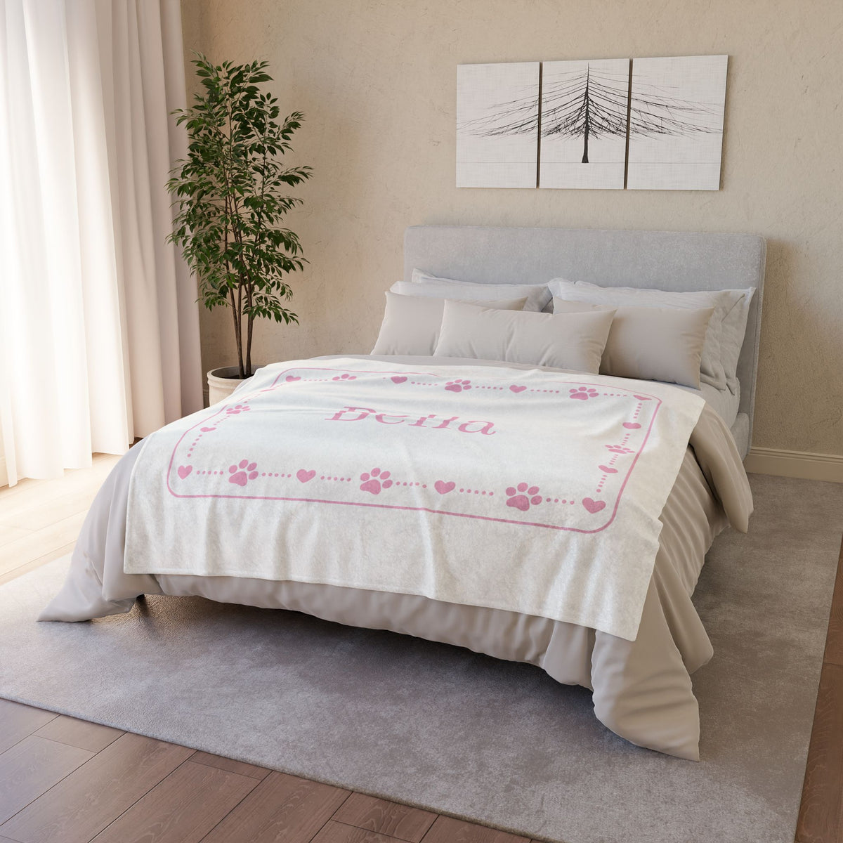 Personalised Fleece Pet Blanket, White with Soft Pink Paw & Heart (Pet Name)