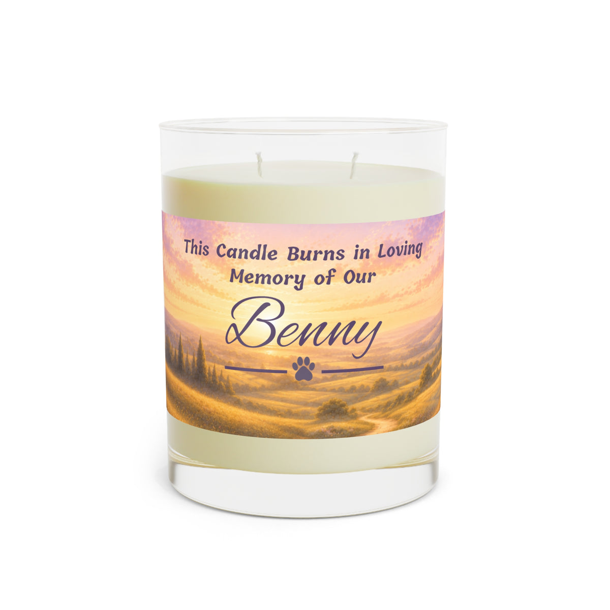 Rainbow Over Landscape – Personalised Pet Memorial Candle - Purple Text (Pet Photo & Name)