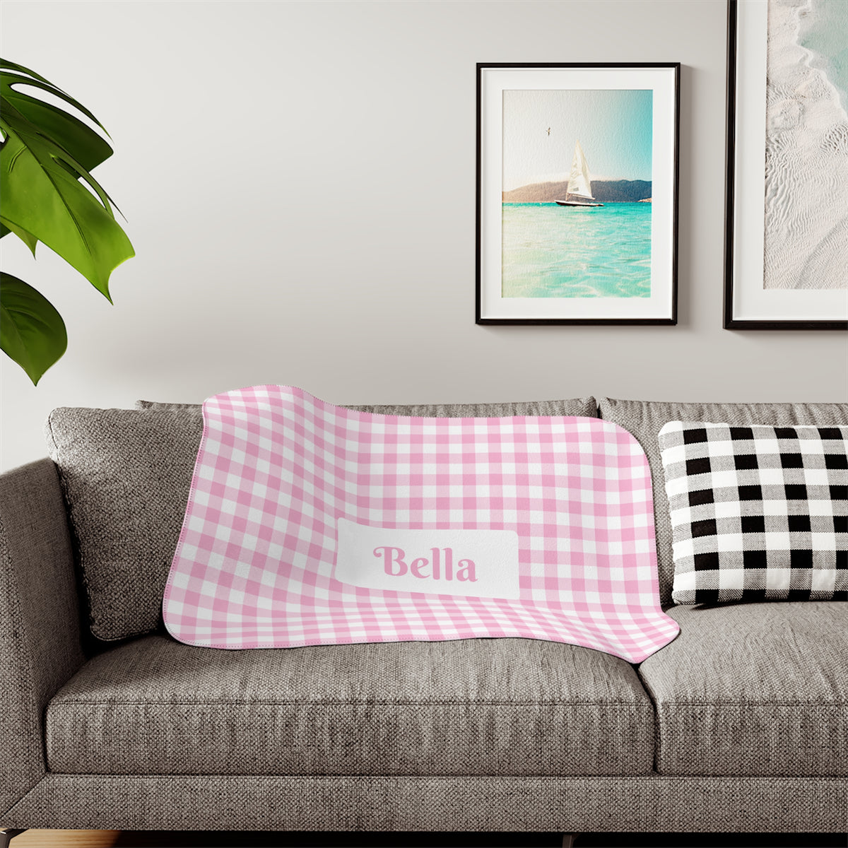 Personalised Gingham Sherpa Blanket, Small Soft Pink & White (Pet Name)
