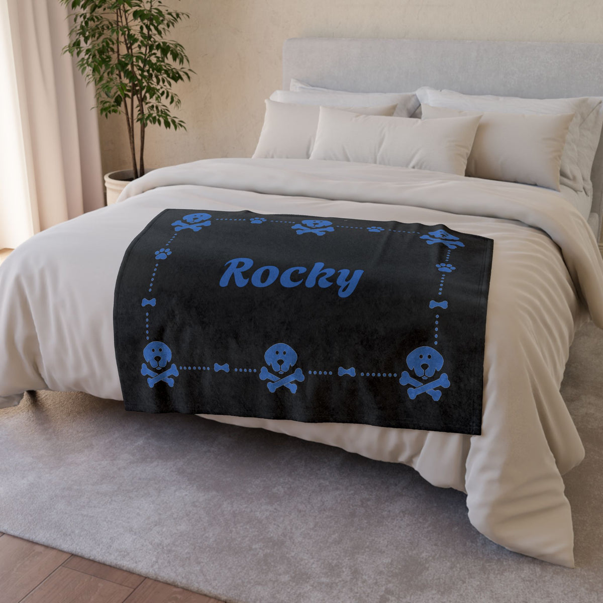 Personalised Fleece Pet Blanket, Black with Blue Dog Cross Bone (Pet Name)