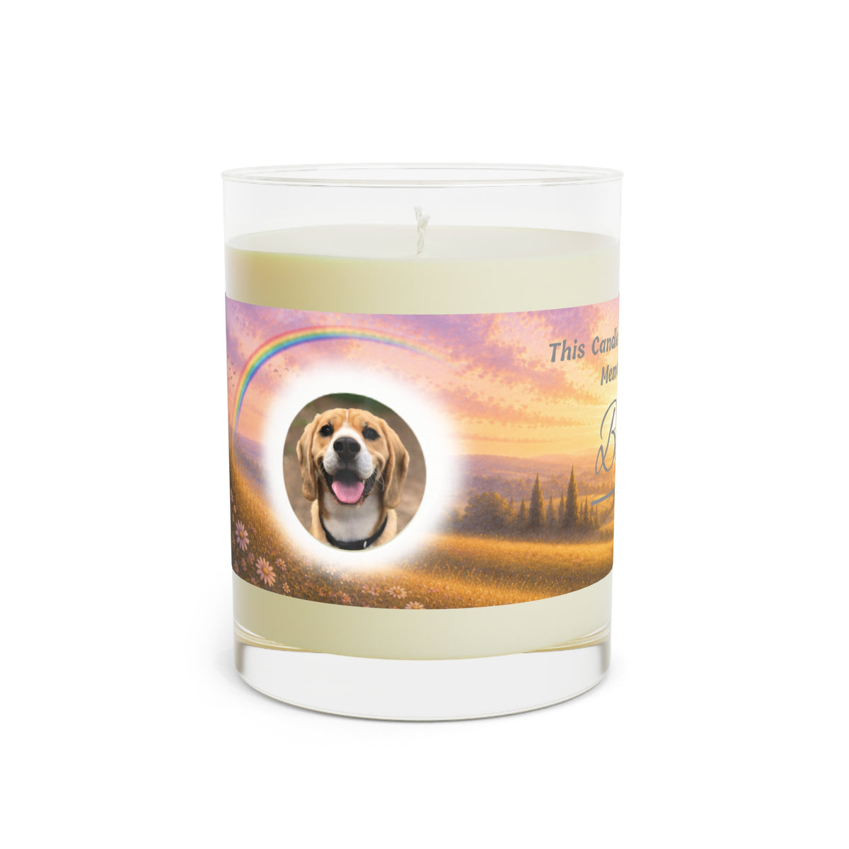 Rainbow Over Landscape – Personalised Pet Memorial Candle - Silver Text (Pet Photo & Name)