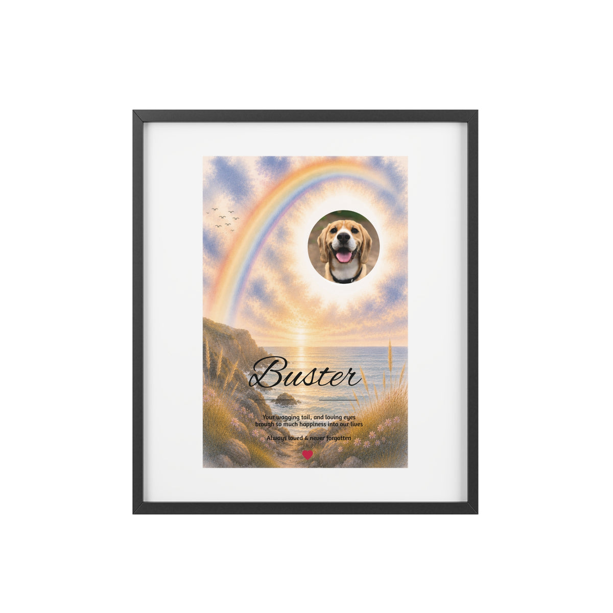 Rainbow Bridge over the Seascape - Personalised Framed Pet Memorial Print (Pet Photo & Name)