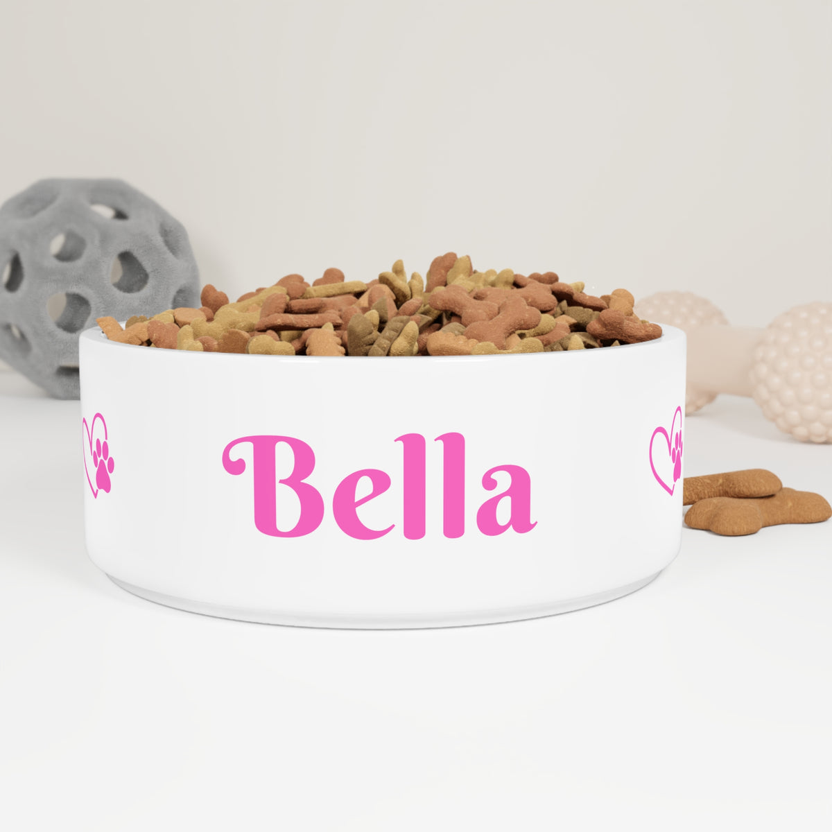 Personalised Pet Bowl — Pink & White with Heart Paw Design (Pet Name)