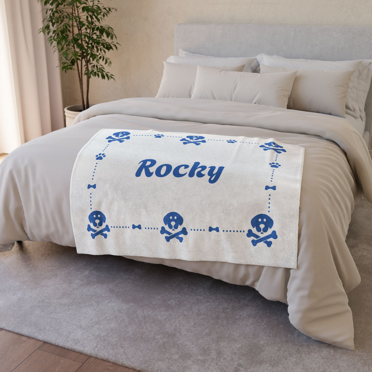 Personalised Fleece Pet Blanket, White with Blue Dog Cross Bone (Pet Name)