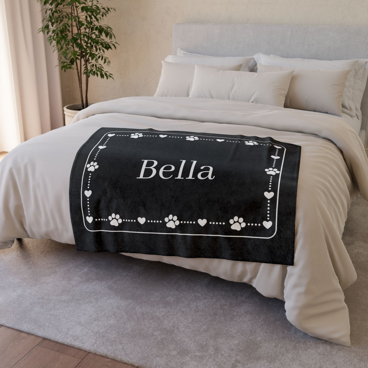 Personalised Fleece Pet Blanket, Black with White Paw & Heart (Pet Name)