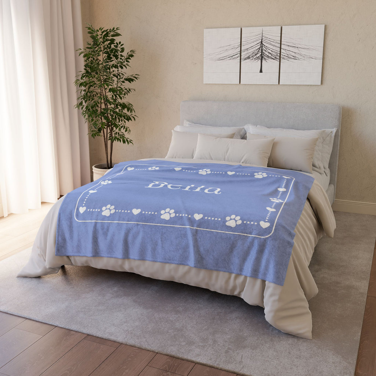 Personalised Fleece Pet Blanket, Soft Blue with White Paw & Heart (Pet Name)