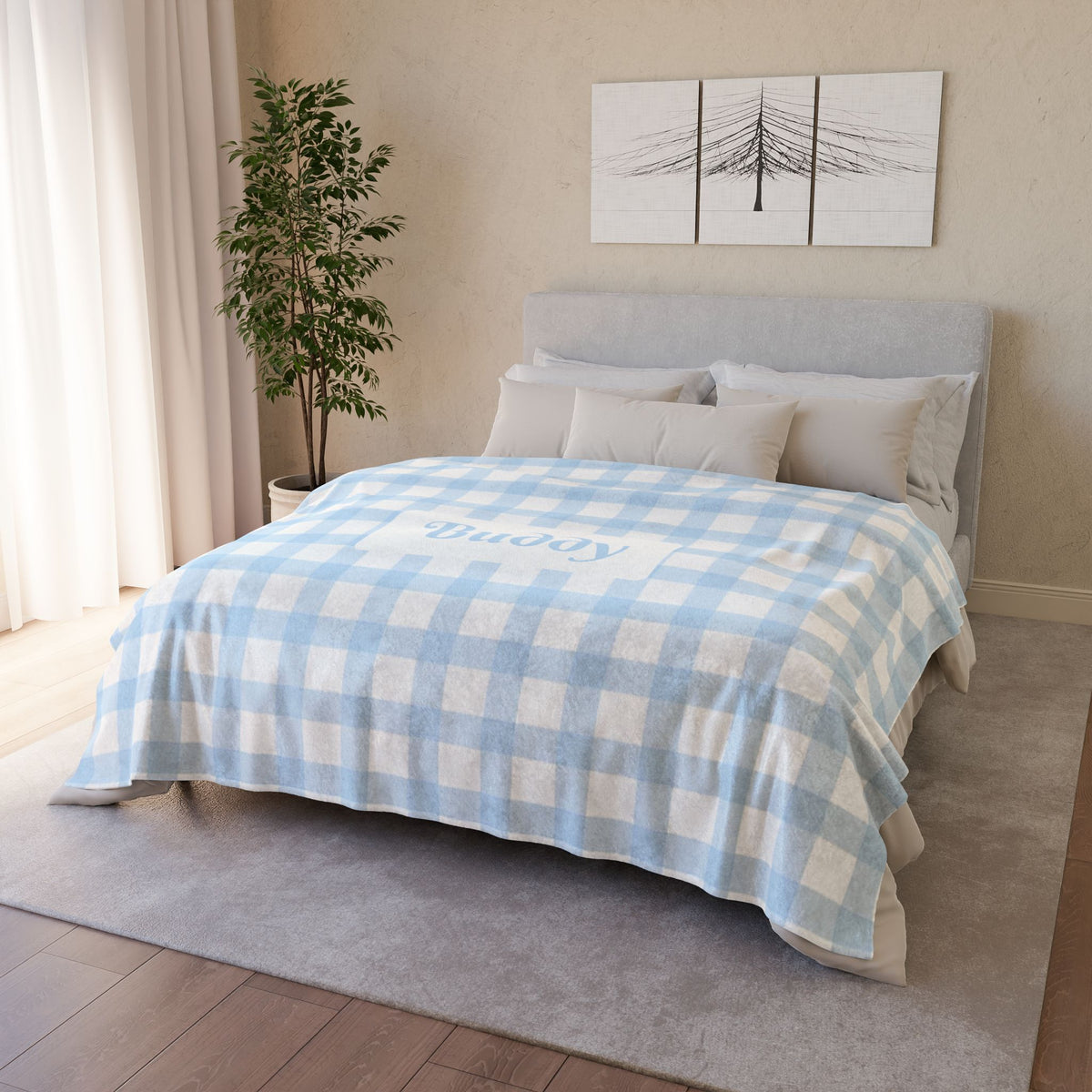 Personalised Baby Blue Gingham Fleece Pet Blanket (Pet Name)