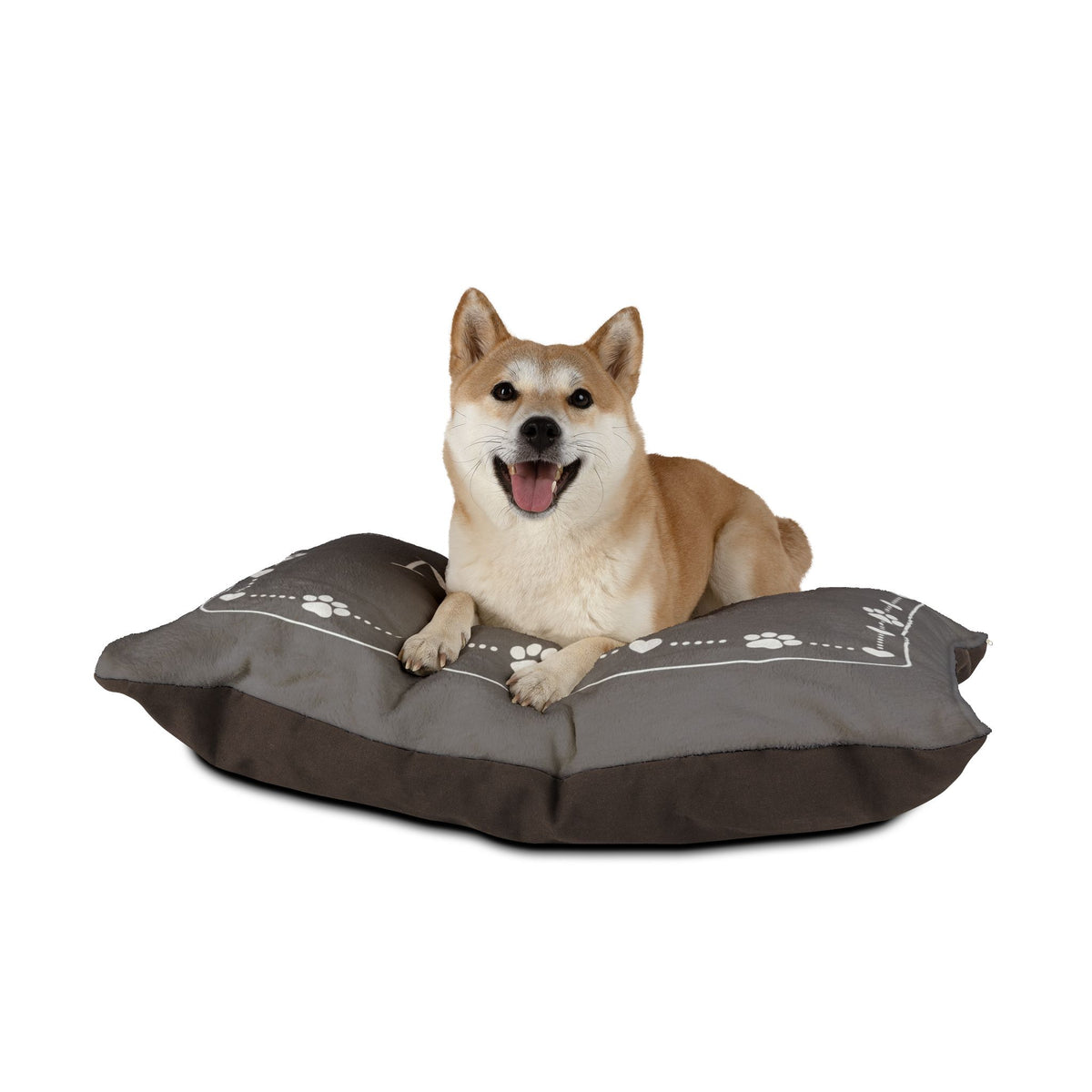 Personalised Pet Bed (Dog or Cat) with Name – Custom Pet Bed (Grey with White Paw & Heart Border Design)