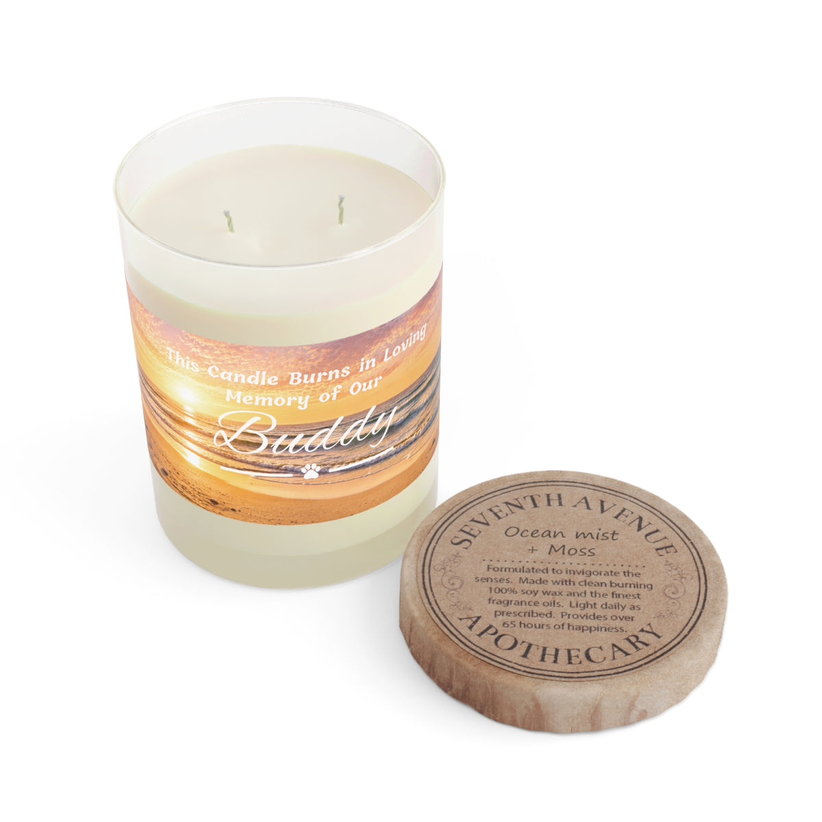Rainbow Over the Beach – Personalised Pet Memorial Candle - White Text (Pet Photo & Name)
