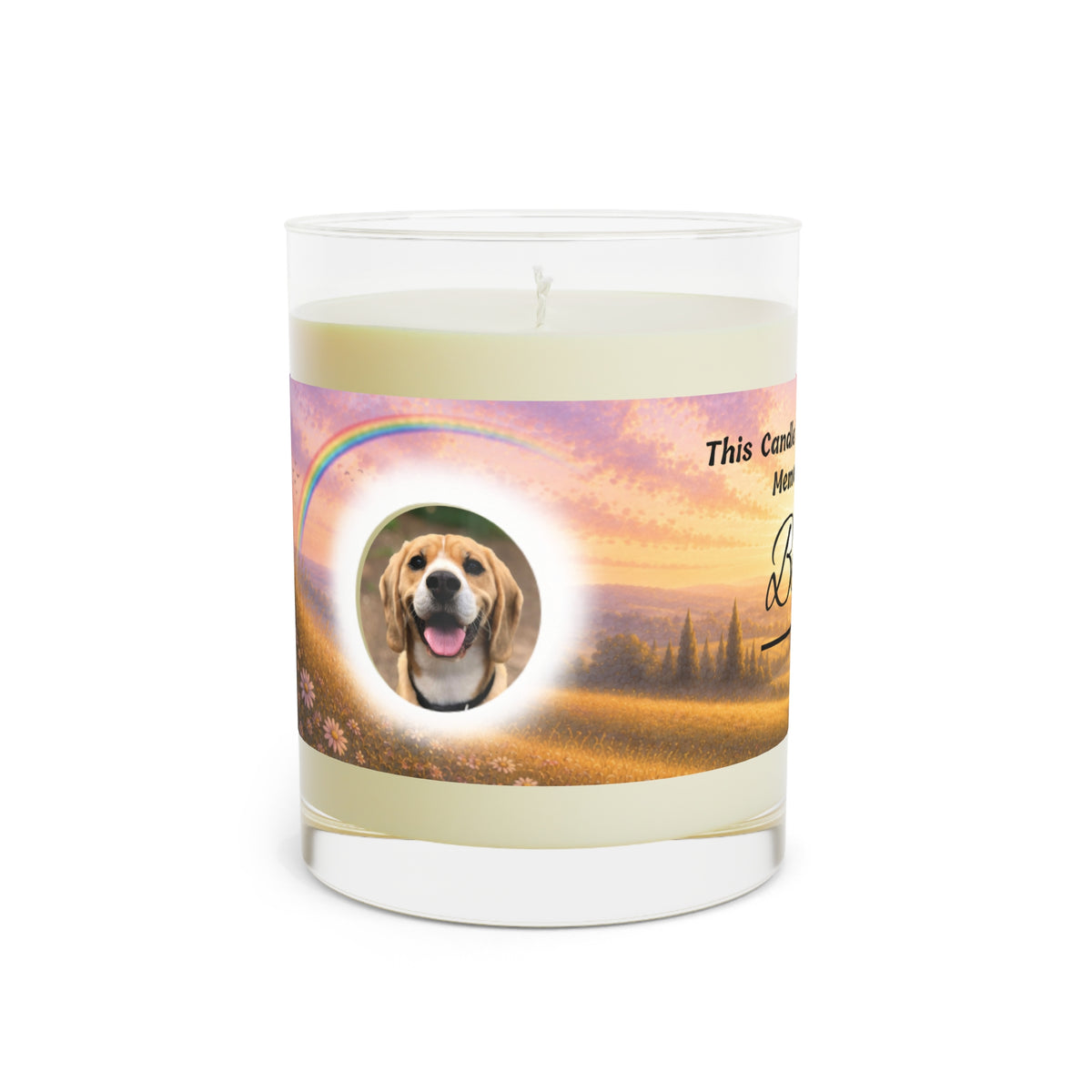 Rainbow Over Landscape – Personalised Pet Memorial Candle - Black Text (Pet Photo & Name)