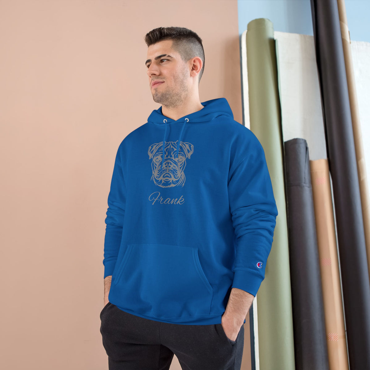 Pug - Personalised Champion® Hoodie (Grey Pug & Personalised Pet Name)