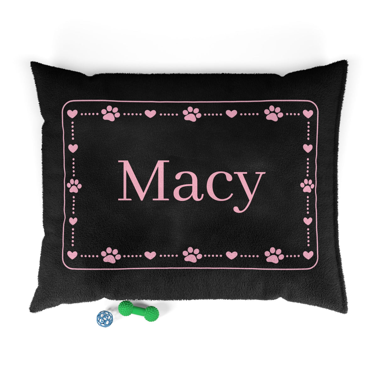 Personalised Pet Bed (Dog or Cat) with Name – Custom Pet Bed (Black with Pink Paw & Heart Border Design)