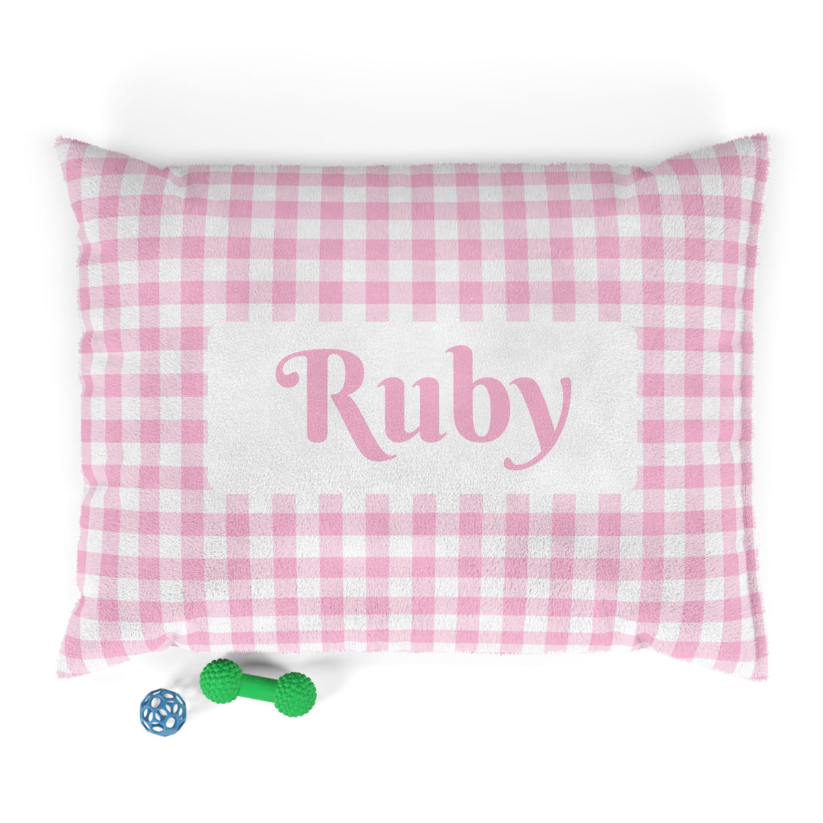 Personalised Pet Bed (Dog or Cat) with Name – Custom Pet Bed (Soft Pink and White Gingham Design)
