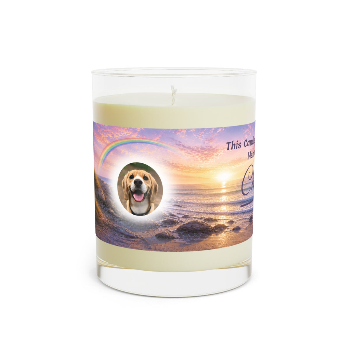 Rainbow Over the Seascape – Personalised Memorial Candle - Purple Text (Pet Photo & Name)