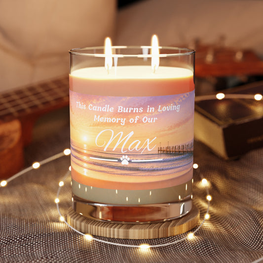 Rainbow Over the Pier – Personalised Pet Memorial Candle - White Text (Pet Photo & Name)