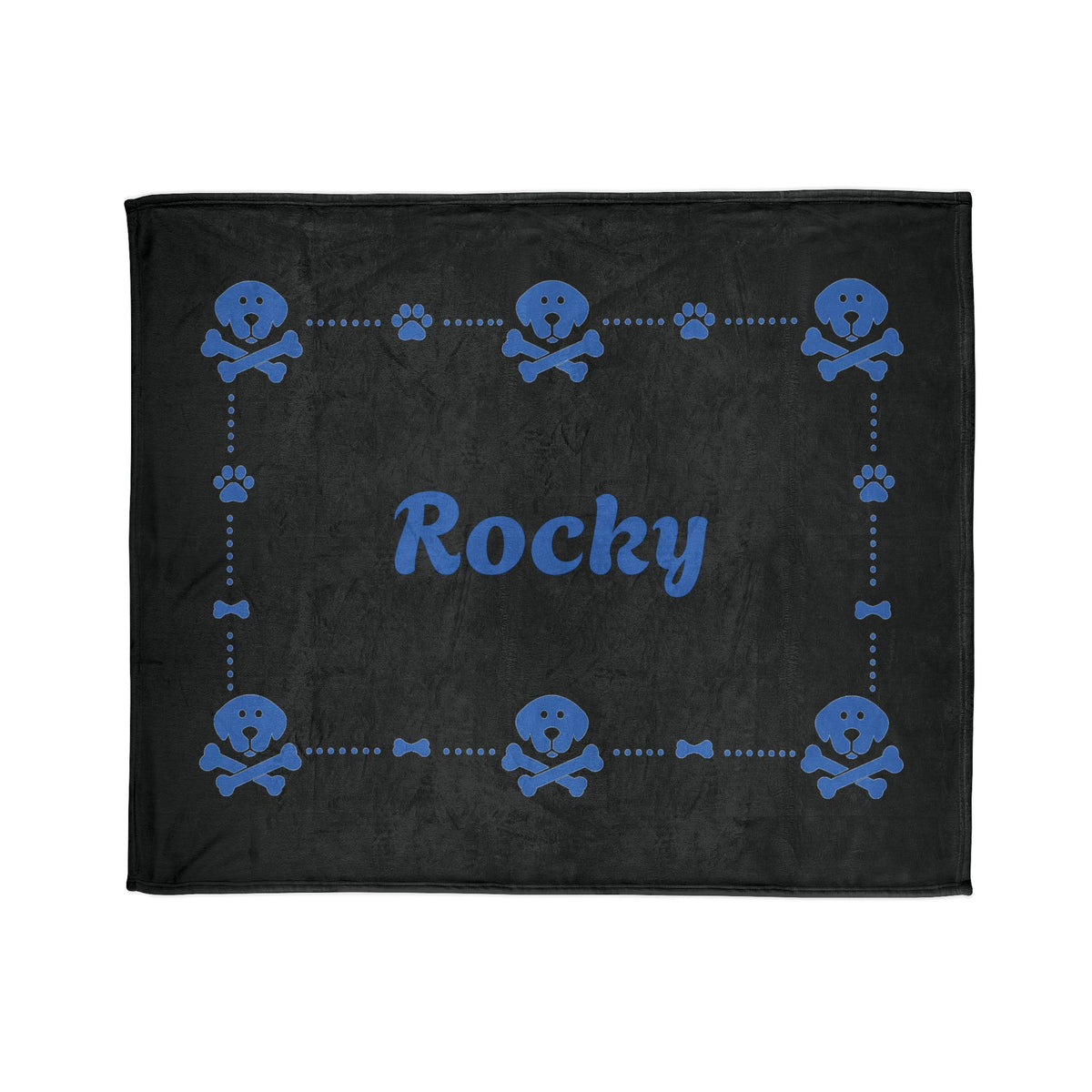 Personalised Fleece Pet Blanket, Black with Blue Dog Cross Bone (Pet Name)