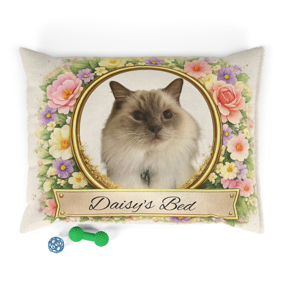Personalised Pet Bed (Dog or Cat) with Photo & Name – Custom Pet Bed (Floral Portrait Design)