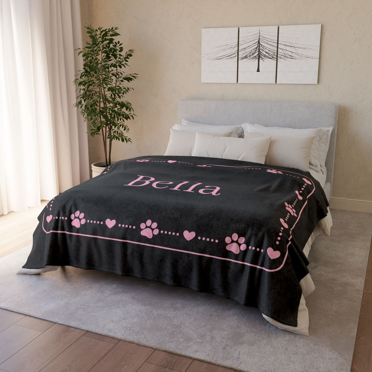 Personalised Fleece Pet Blanket, Black with Soft Pink Paw & Heart (Pet Name)