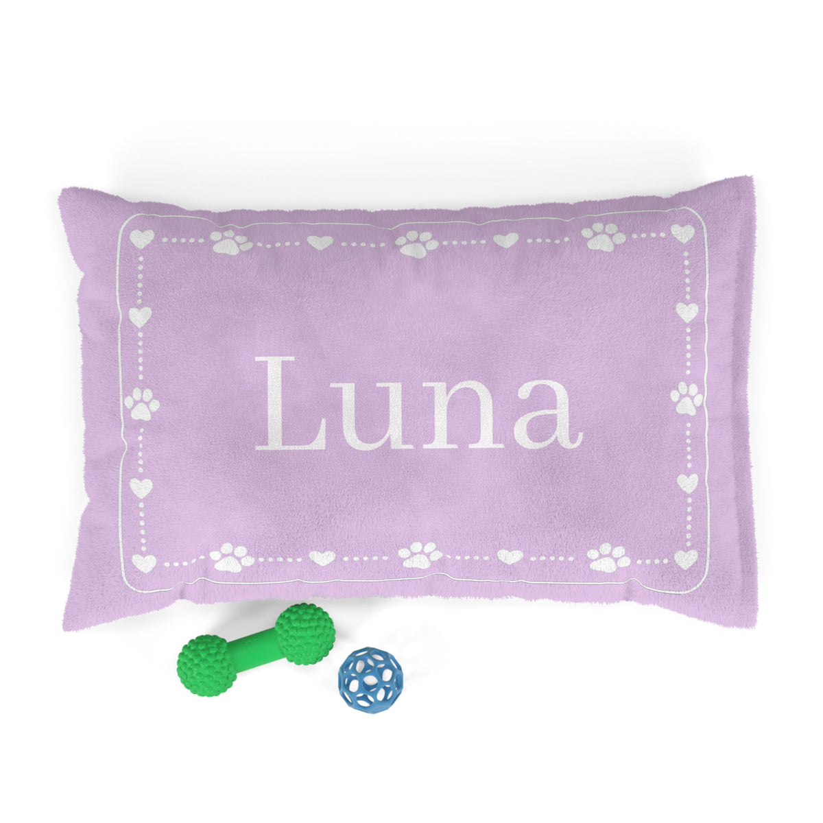 Personalised Pet Bed (Dog or Cat) with Name – Custom Pet Bed (Pink with White Paw & Heart Border Design)