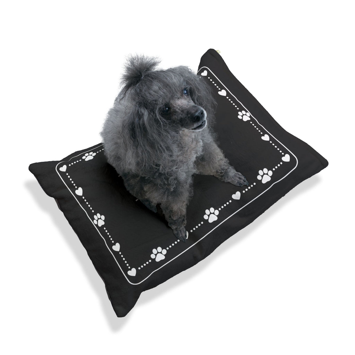 Personalised Pet Bed (Dog or Cat) with Name – Custom Pet Bed (Black with White Paw & Heart Border Design)