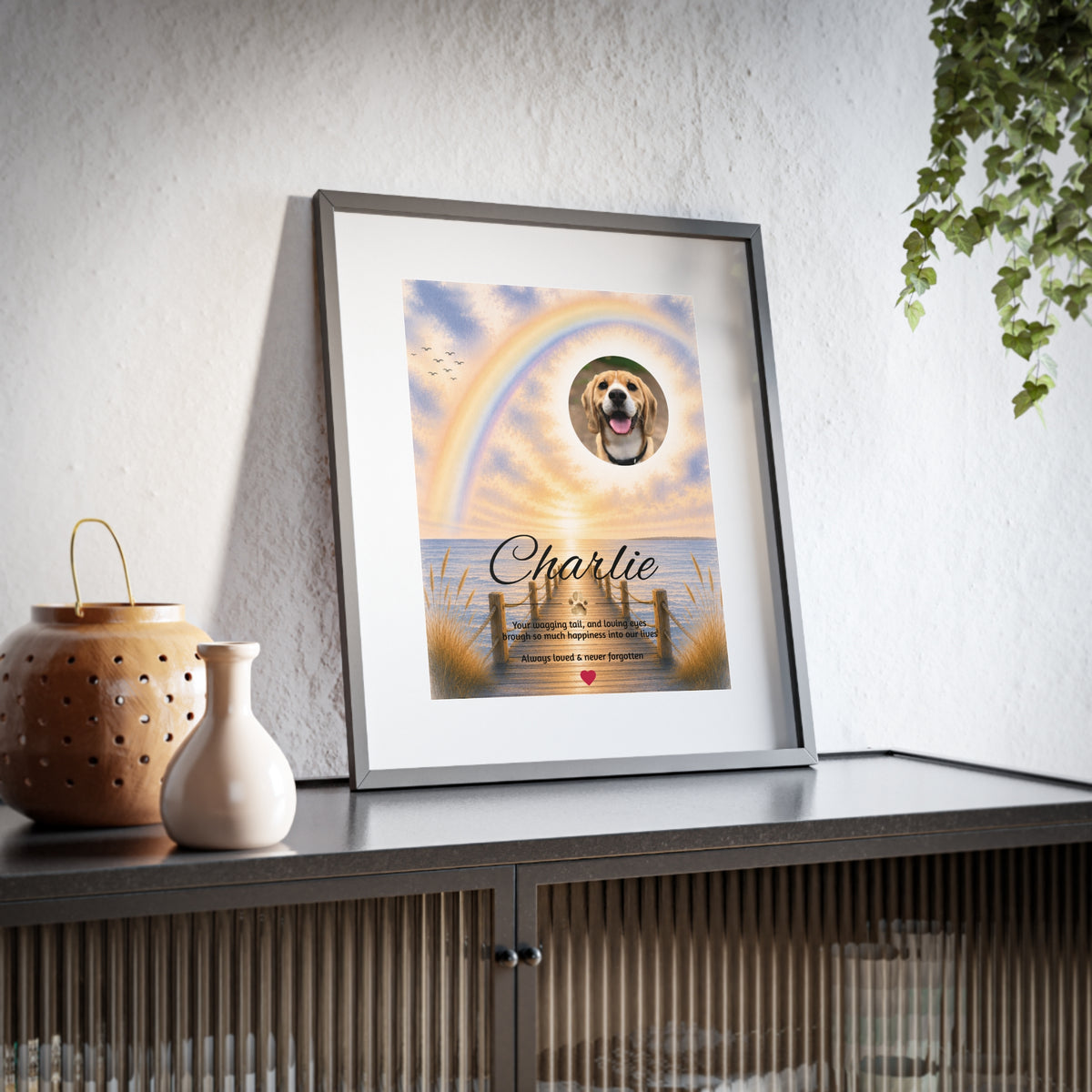 Rainbow Bridge over the Pier - Personalised Framed Pet Memorial Print (Pet Photo & Name)