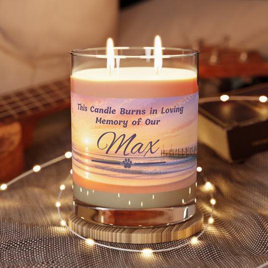 Rainbow Over Pier – Personalised Pet Memorial Candle - Purple Text (Pet Photo & Name)