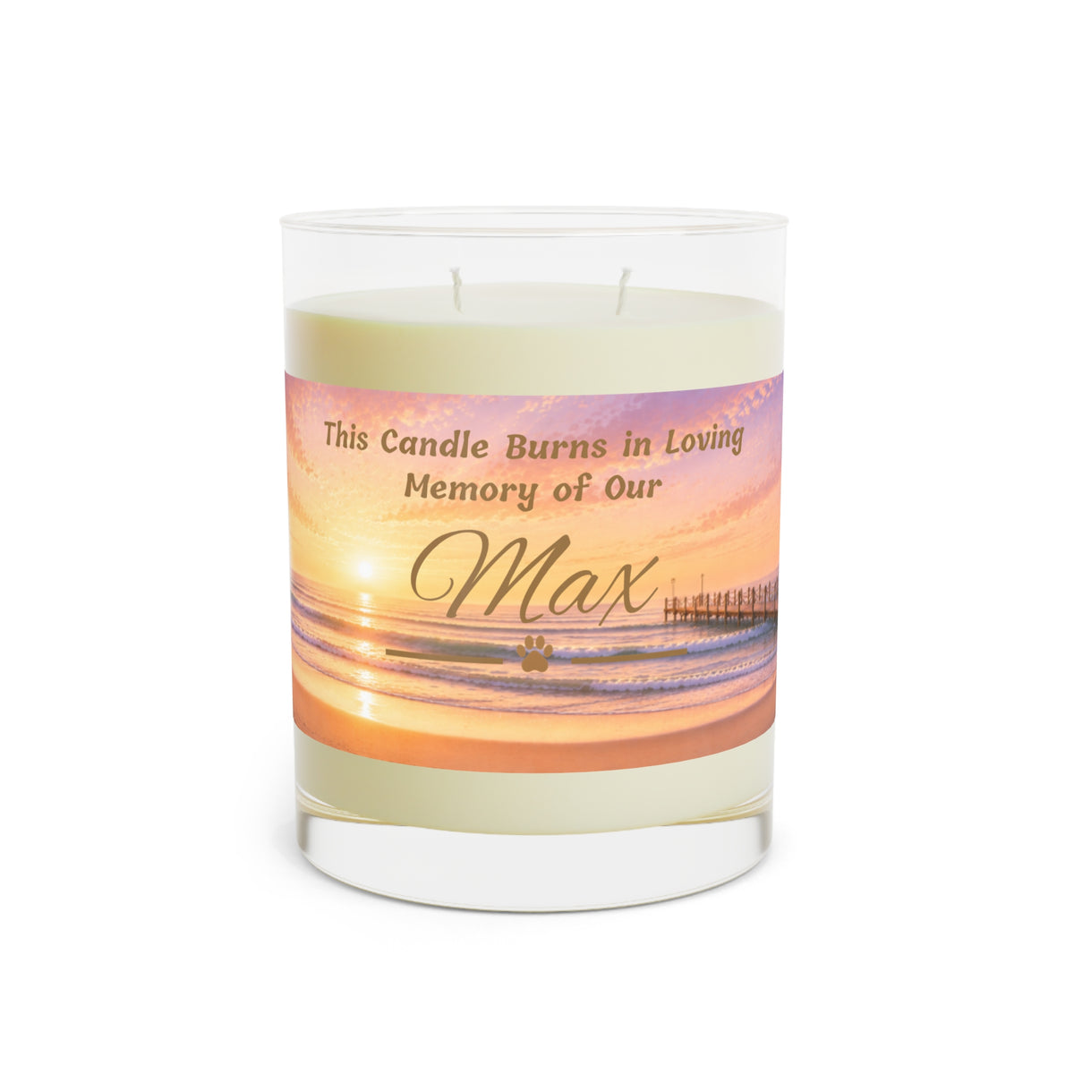 Rainbow Over Pier – Personalised Pet Memorial Candle - Gold Text (Pet Photo & Name)