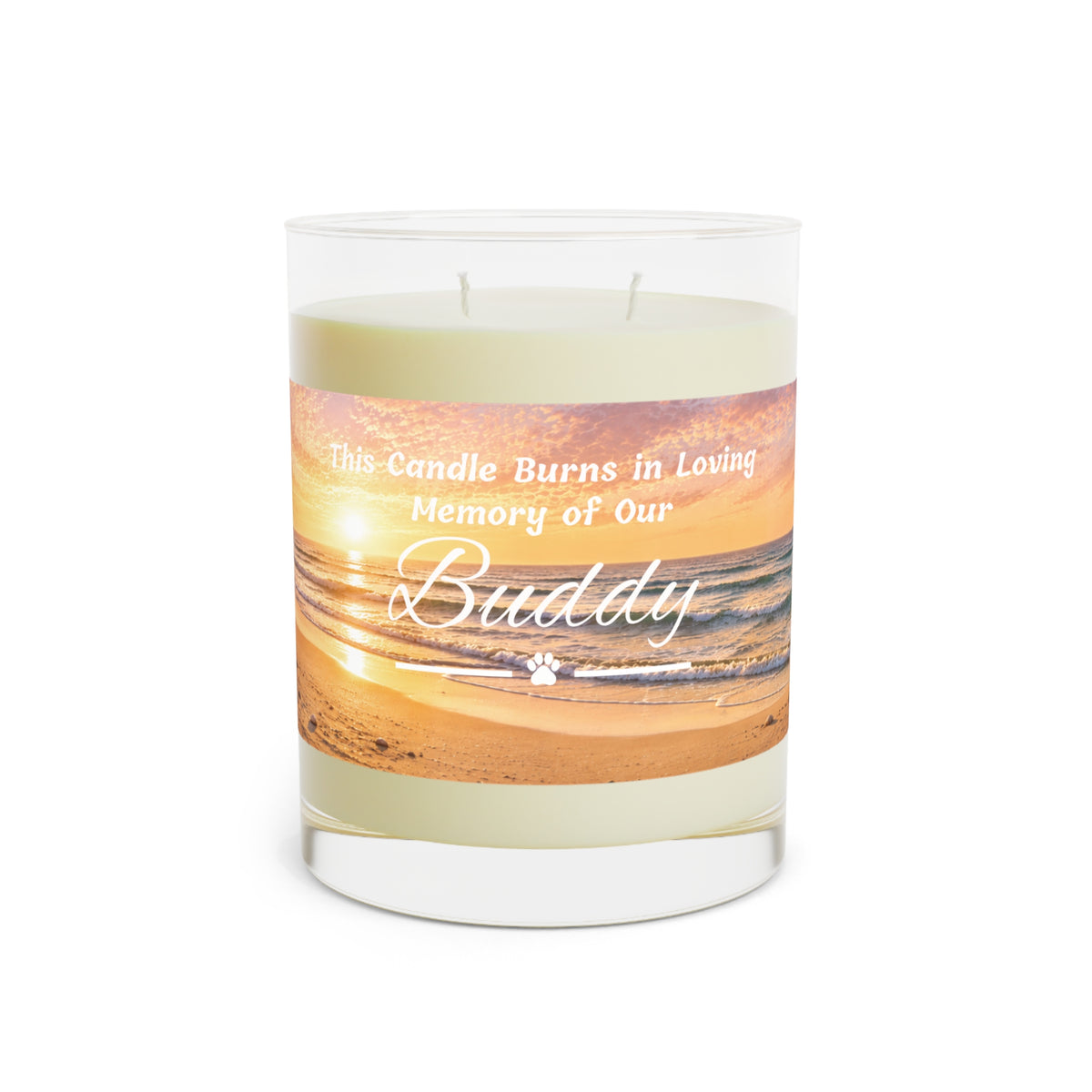 Rainbow Over the Beach – Personalised Pet Memorial Candle - White Text (Pet Photo & Name)
