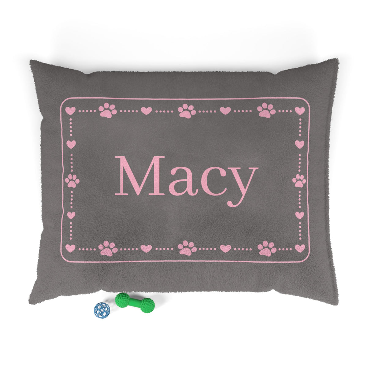 Personalised Pet Bed (Dog or Cat) with Name – Custom Pet Bed (Grey with Pink Paw & Heart Border Design)