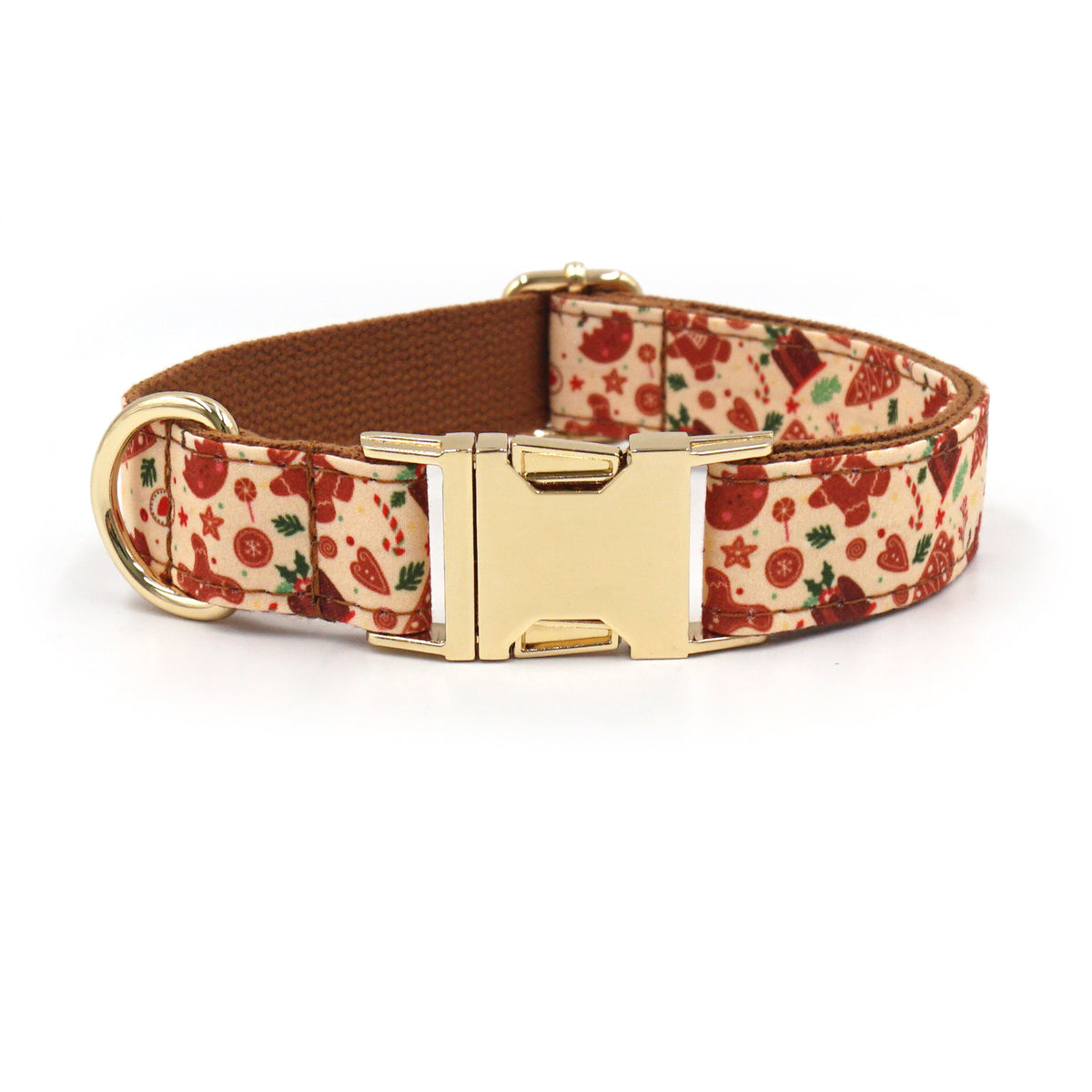 Personalised Christmas Dog Collar & Leash: Engraved Golden Buckle (Pets Name & Phone)