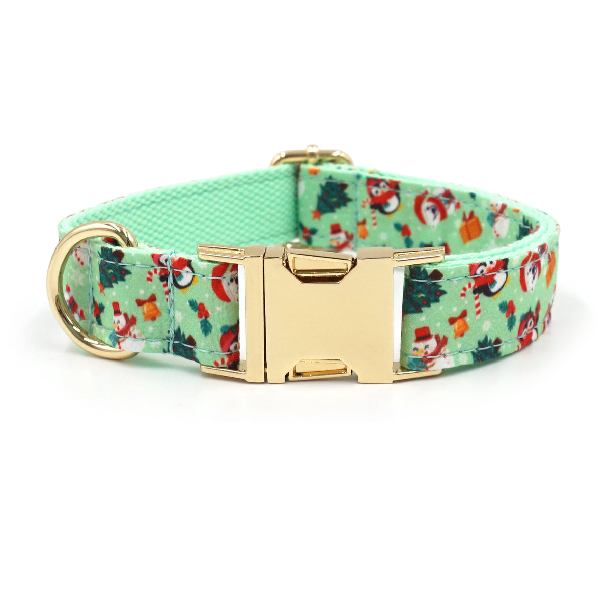 Personalised Christmas Dog Collar & Leash: Engraved Golden Buckle (Pets Name & Phone)