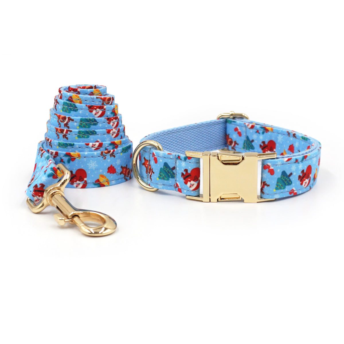 Personalised Christmas Dog Collar & Leash: Engraved Golden Buckle (Pets Name & Phone)