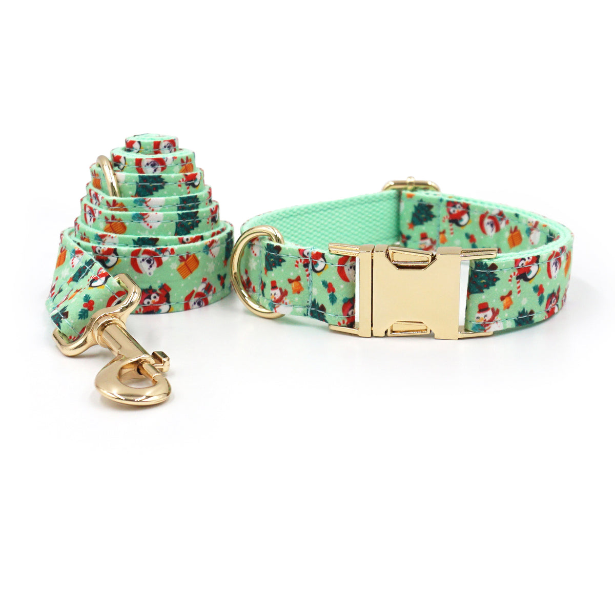 Personalised Christmas Dog Collar & Leash: Engraved Golden Buckle (Pets Name & Phone)