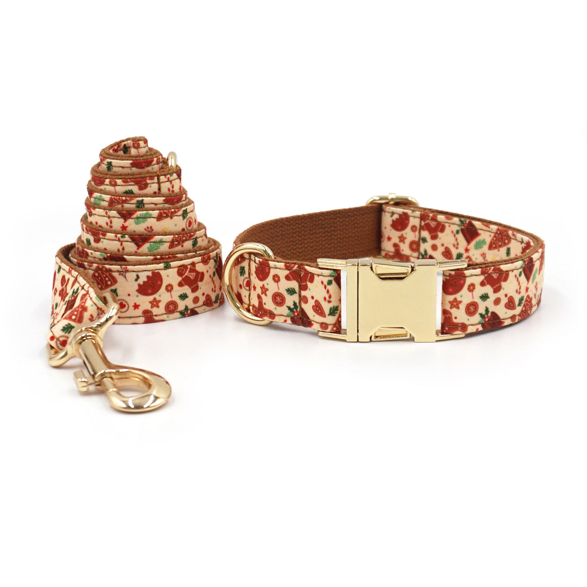 Personalised Christmas Dog Collar & Leash: Engraved Golden Buckle (Pets Name & Phone)