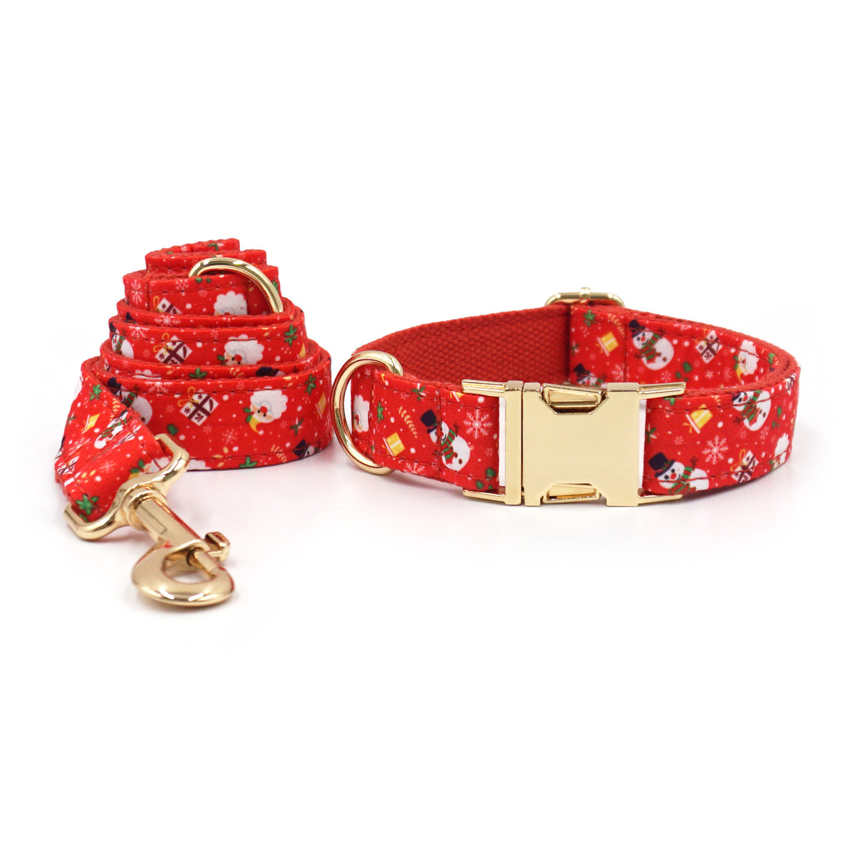 Personalised Christmas Dog Collar & Leash: Engraved Golden Buckle (Pets Name & Phone)
