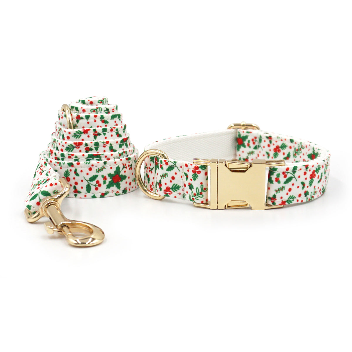 Personalised Christmas Dog Collar & Leash: Engraved Golden Buckle (Pets Name & Phone)