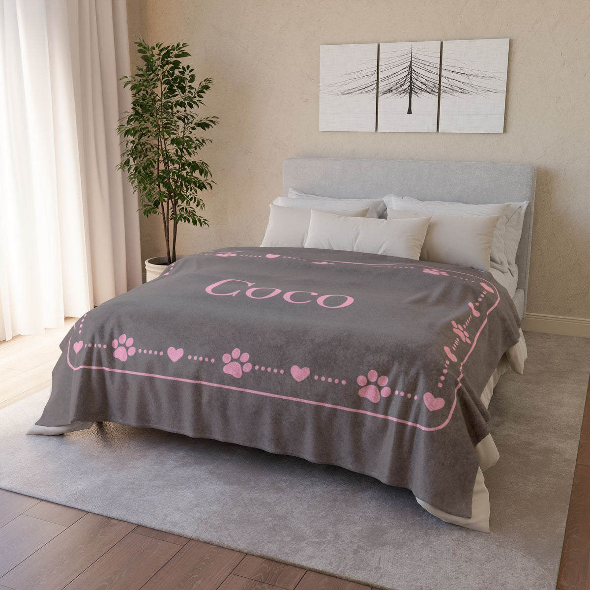 Personalised Fleece Pet Blanket, Soft Grey with Pink Paw & Heart (Pet Name)