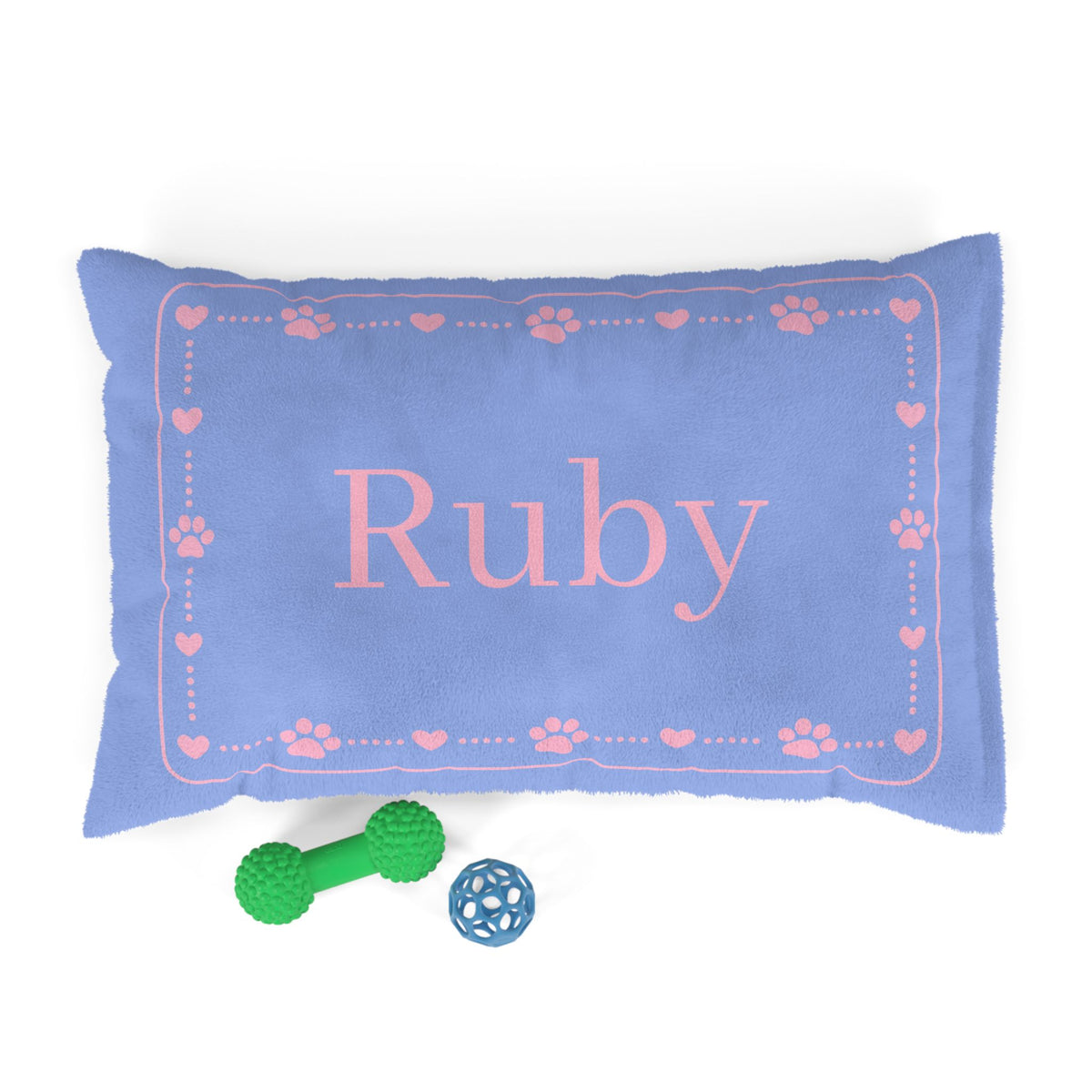 Personalised Pet Bed (Dog or Cat) with Name – Custom Pet Bed (Soft Blue with Pink Paw & Heart Border Design)