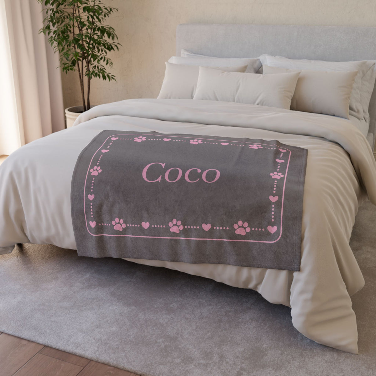 Personalised Fleece Pet Blanket, Soft Grey with Pink Paw & Heart (Pet Name)