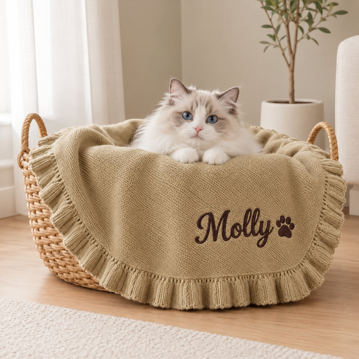 Knitted & Custom Embroidered Pet Blanket with Ruffled Edges (Pet Name)