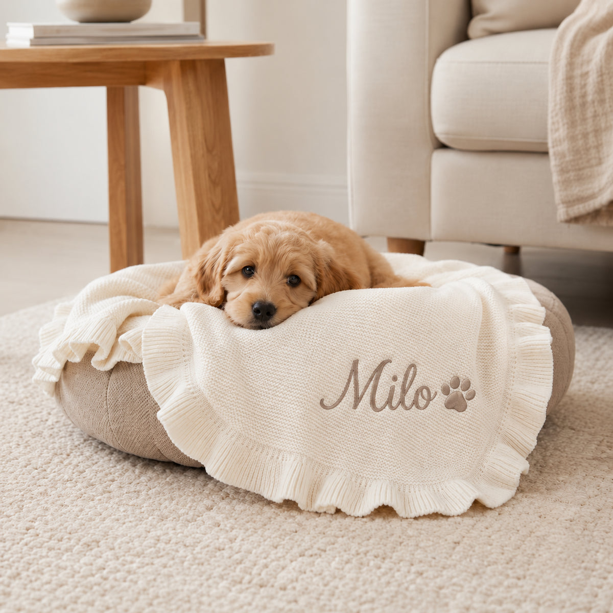 Knitted & Custom Embroidered Pet Blanket with Ruffled Edges (Pet Name)