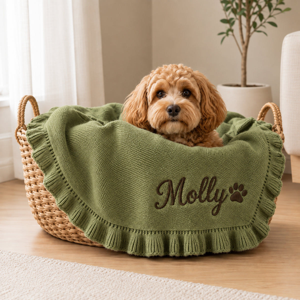 Knitted & Custom Embroidered Pet Blanket with Ruffled Edges (Pet Name)