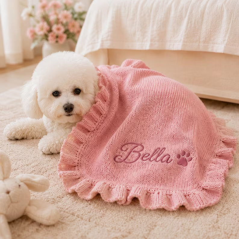 Knitted & Custom Embroidered Pet Blanket with Ruffled Edges (Pet Name)
