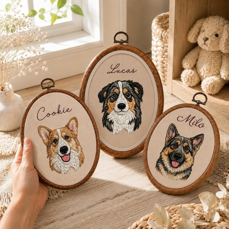Personalised Embroidered Oval Pet Portrait Wall Hanging (Pet Photo & Name)