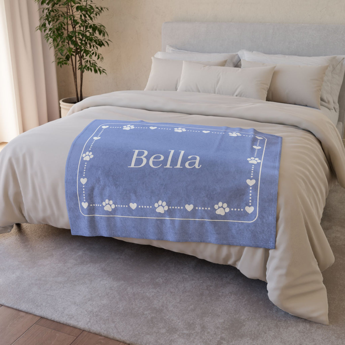 Personalised Fleece Pet Blanket, Soft Blue with White Paw & Heart (Pet Name)