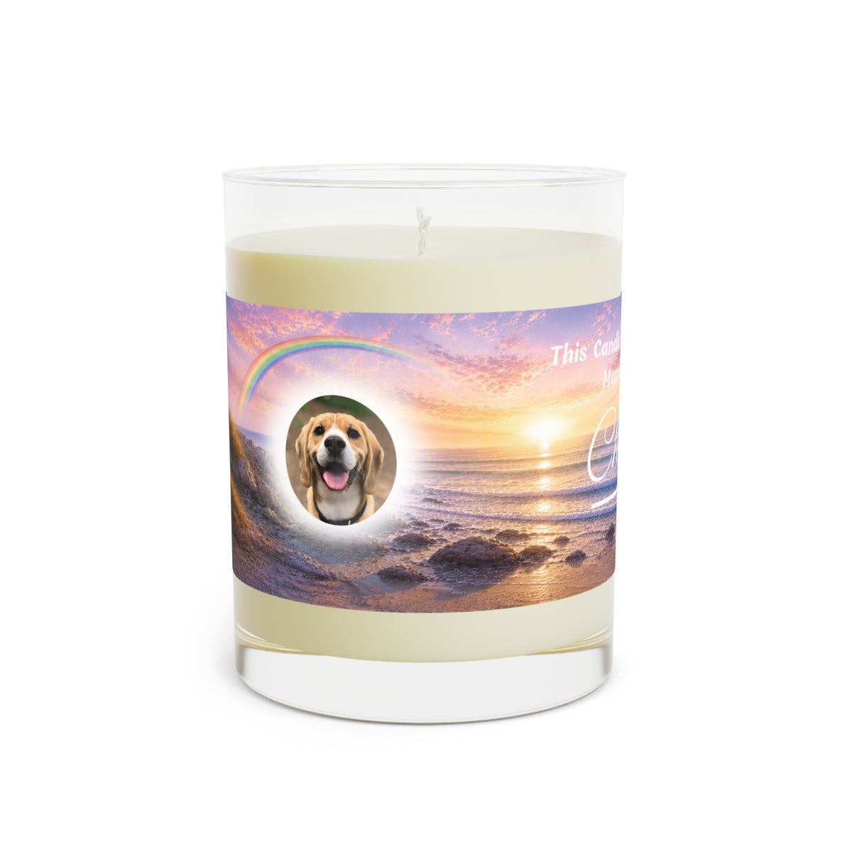 Rainbow Over the Seascape – Personalised Memorial Candle - White Text (Pet Photo & Name)