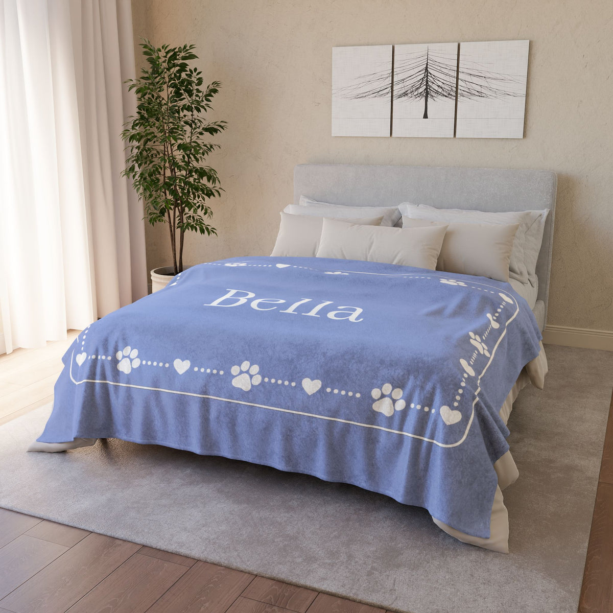 Personalised Fleece Pet Blanket, Soft Blue with White Paw & Heart (Pet Name)