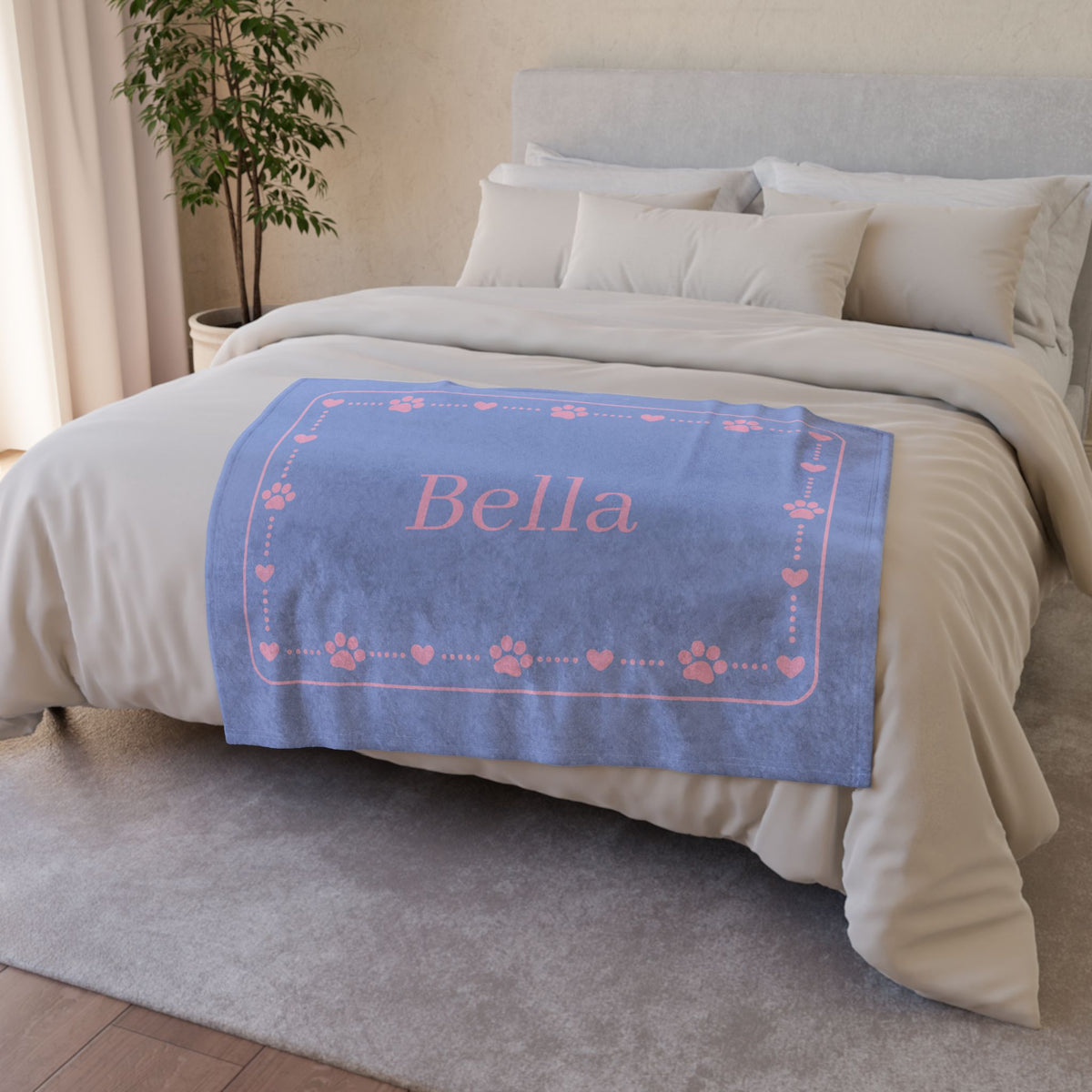 Personalised Fleece Pet Blanket, Soft Blue with Pink Paw & Heart (Pet Name)