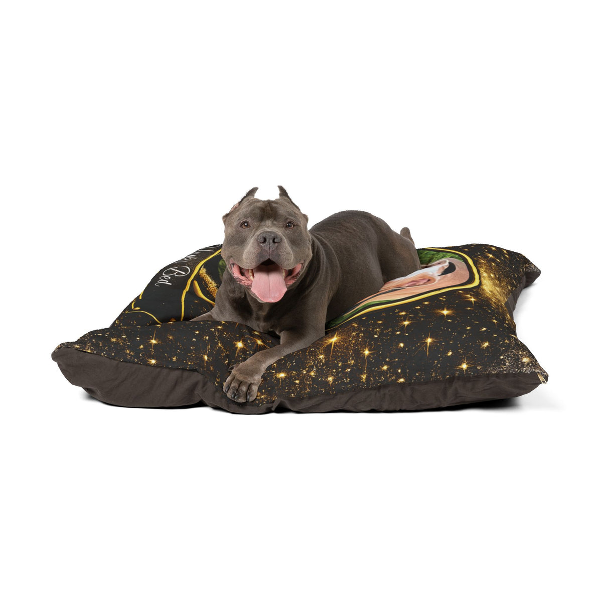 Personalised Pet Bed (Dog or Cat) with Photo & Name – Custom Pet Bed (Golden Twilight Design)