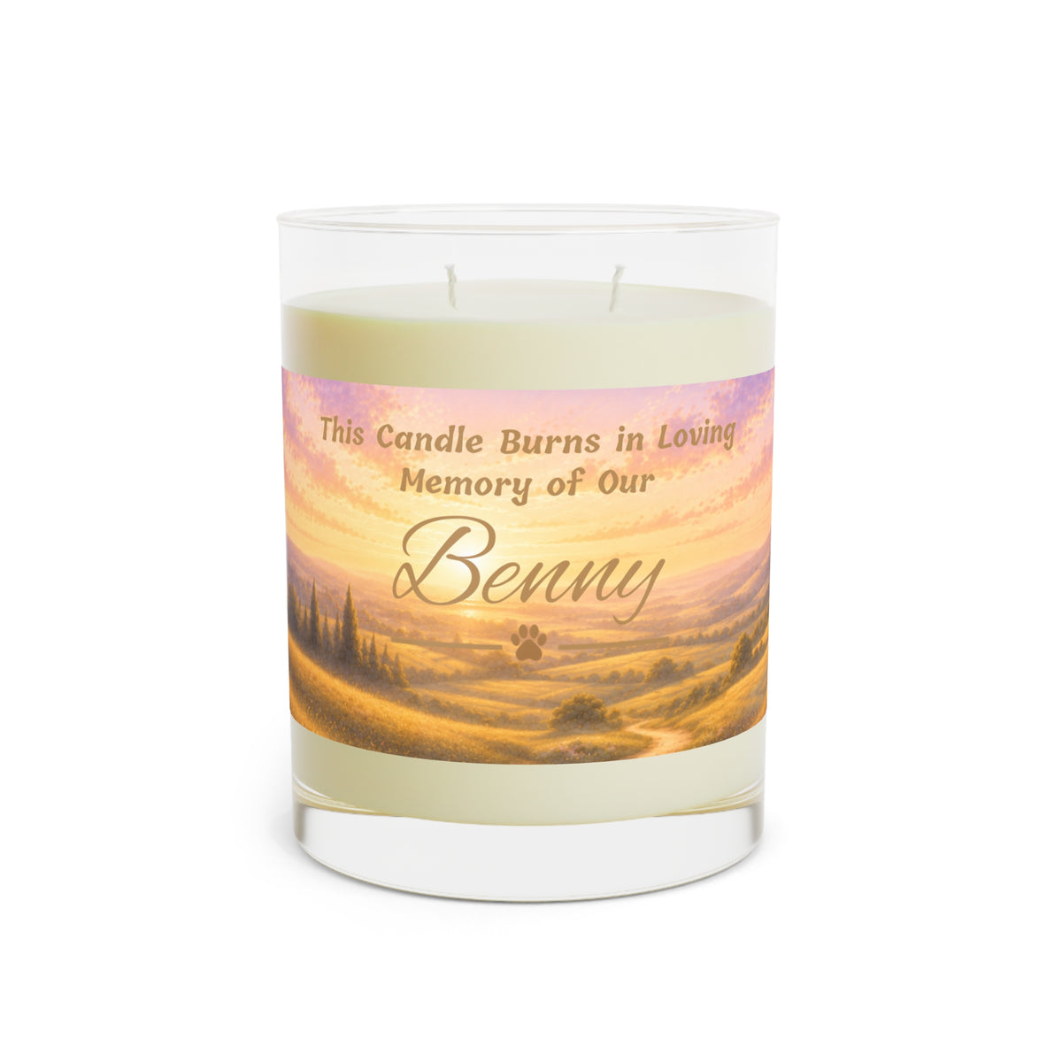 Rainbow Over Landscape – Personalised Pet Memorial Candle - Gold Text (Pet Photo & Name)